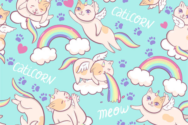 可爱猫咪彩虹图案服装印花面料设计