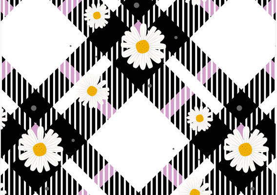 黑白几何条纹与雏菊图案服装印花面料设计