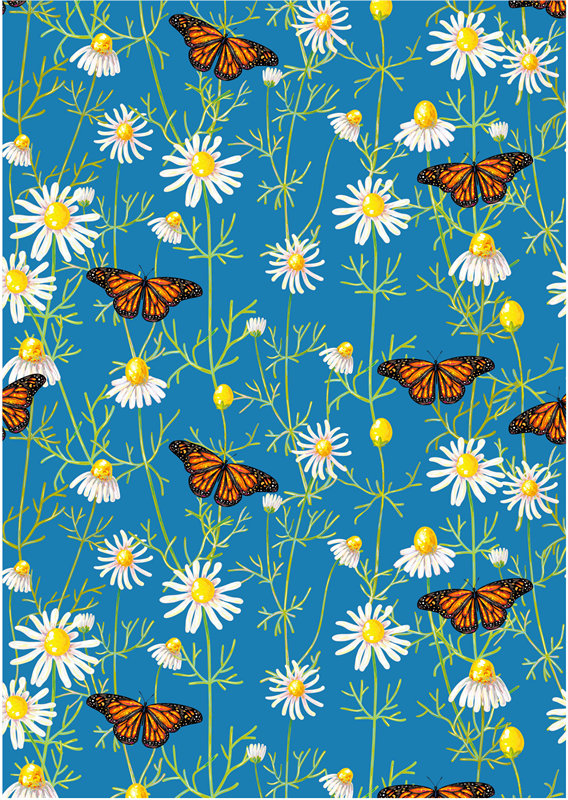 清新自然风格服装印花:蓝色背景上的雏菊与蝴蝶图案面料印花