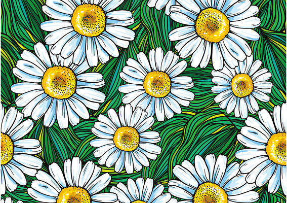 清新自然风格服装印花：白色雏菊与绿色叶子面料印花设计