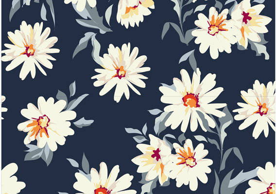 优雅深蓝背景上的白色雏菊服装印花面料设计