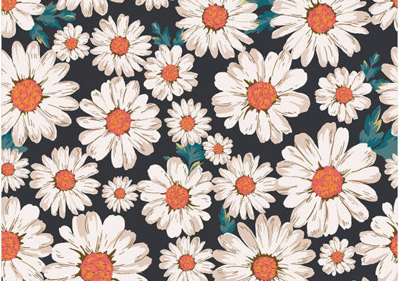 时尚黑色背景白色雏菊服装印花面料设计