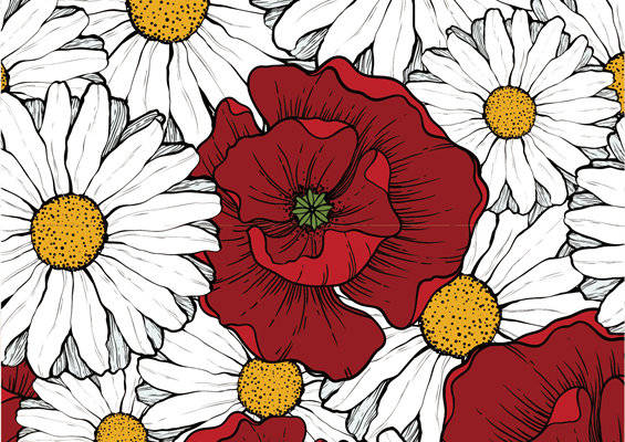 时尚花卉面料印花:红白雏菊与罂粟花服装印花设计