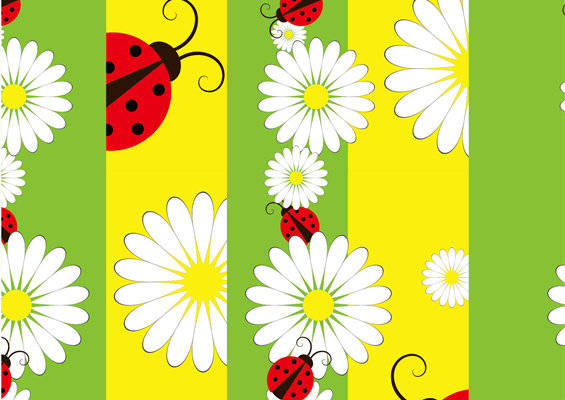 清新自然风格服装印花：白雏菊与瓢虫图案面料印花
