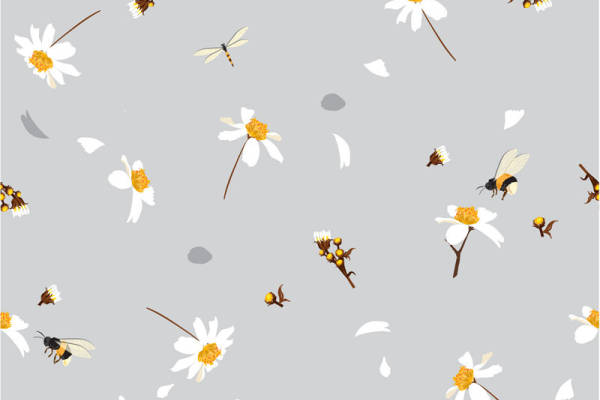 自然风格蜜蜂与雏菊面料印花,清新服装印花设计