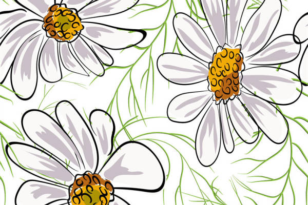 清新自然风格服装印花:白色雏菊与绿色藤蔓面料印花