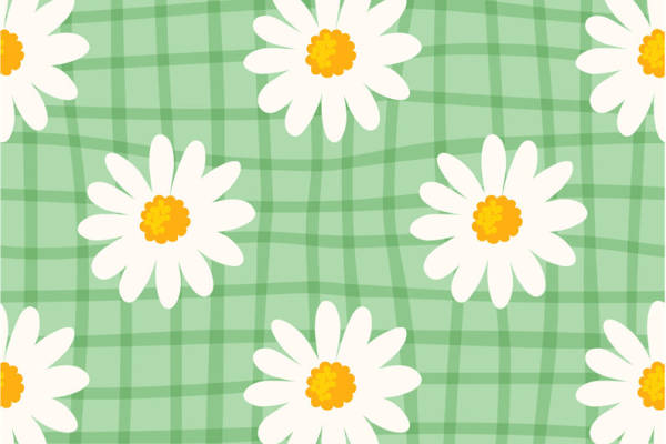 清新田园风格绿色格子背景上的白色雏菊服装印花面料