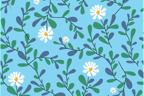 清新自然风格服装印花：蓝色背景上的白色雏菊与绿叶图案