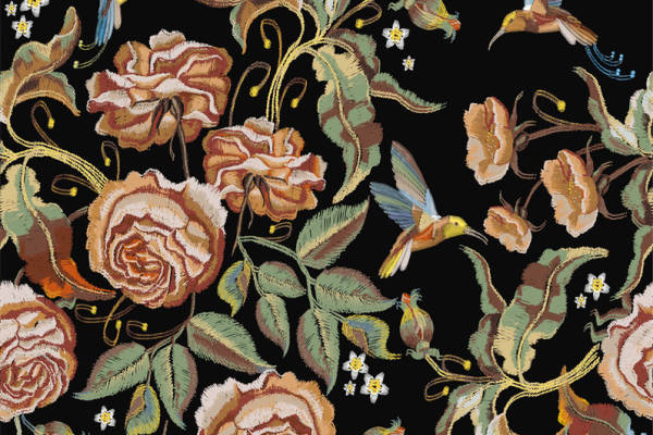 优雅花卉与飞鸟图案面料印花服装印花设计