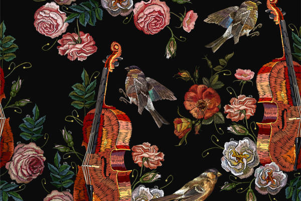 优雅音乐主题面料印花，经典乐器与花卉服装印花设计
