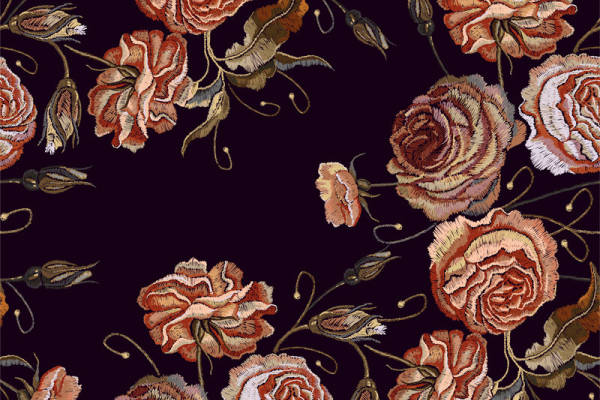 复古风格玫瑰花卉面料印花,优雅服装印花设计