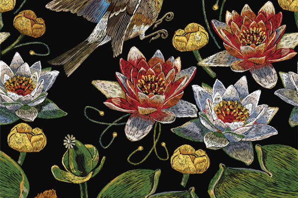 时尚自然风格服装印花：鸟与荷花的面料印花设计