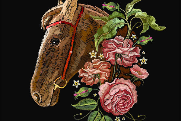 优雅马头与花卉图案服装印花面料设计