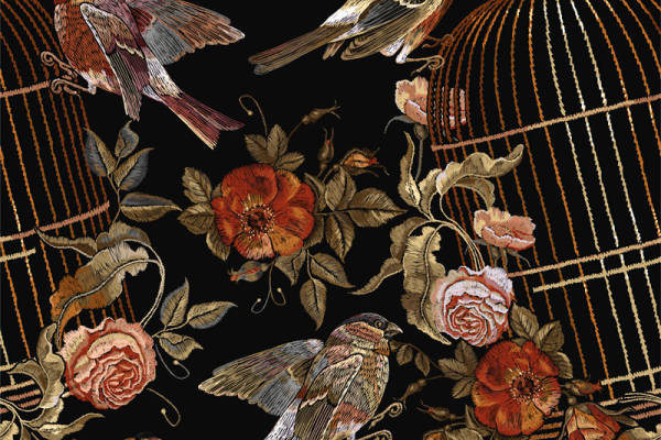 复古风格鸟类与花卉面料印花，优雅服装印花设计