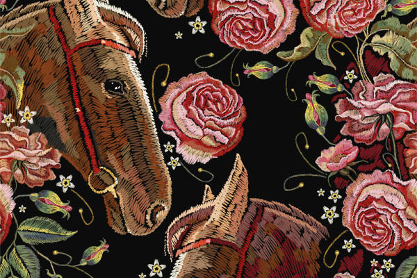 时尚马头与玫瑰花卉图案面料印花服装印花设计