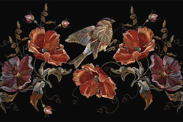 优雅复古风格服装印花设计：红罂粟与飞鸟面料印花