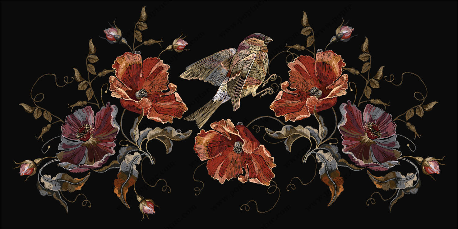 优雅复古风格服装印花设计:红罂粟与飞鸟面料印花