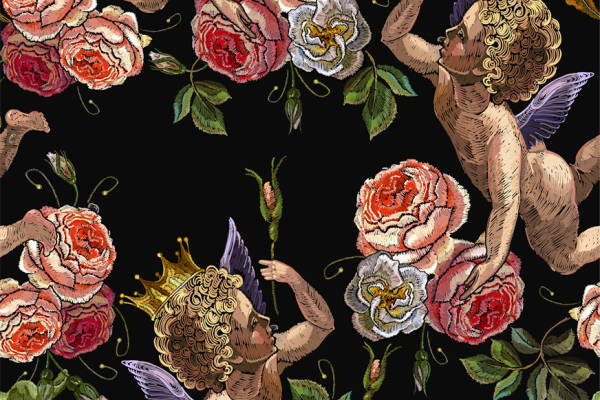 古典风格面料印花:精致花卉与天使图案服装印花设计