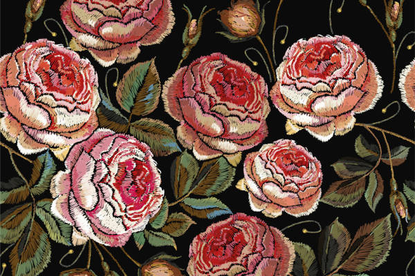 复古风格玫瑰面料印花,优雅服装印花设计