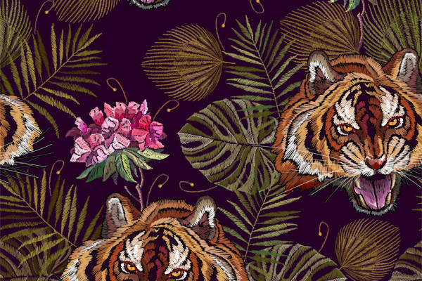 时尚丛林风格面料印花：老虎与热带植物服装印花设计