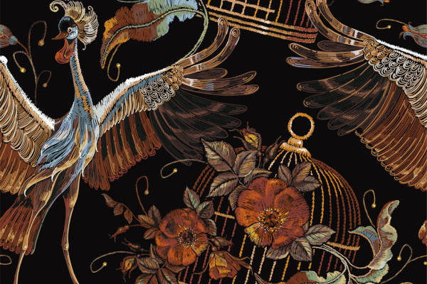 复古风格孔雀花卉面料印花服装印花设计
