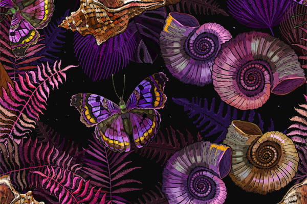 时尚紫色蝴蝶与花卉面料印花服装设计