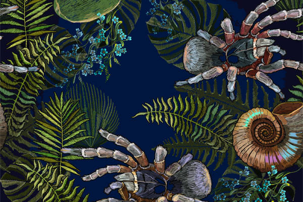 自然风格面料印花：深蓝色底上的松果与昆虫服装印花设计