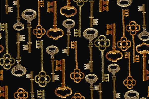 复古风格钥匙图案服装印花面料设计