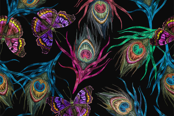 时尚孔雀羽毛与蝴蝶图案服装印花面料设计