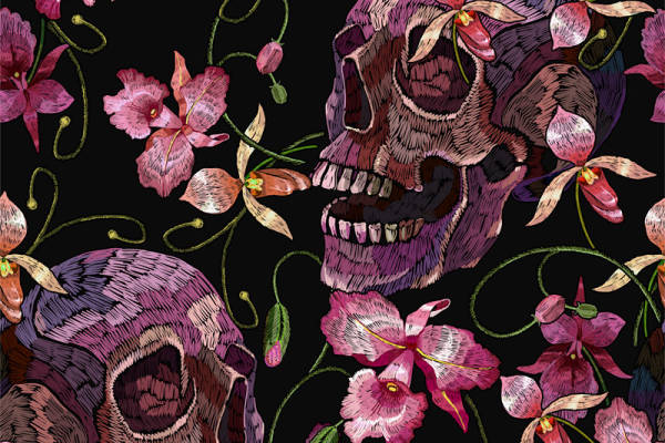 时尚骷髅与花卉图案面料印花服装印花设计