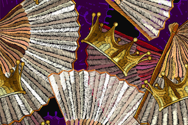 紫色背景上的金色皇冠与白色羽毛服装印花设计