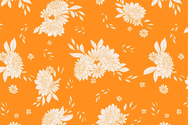 橙色背景上的白色花卉图案服装印花面料