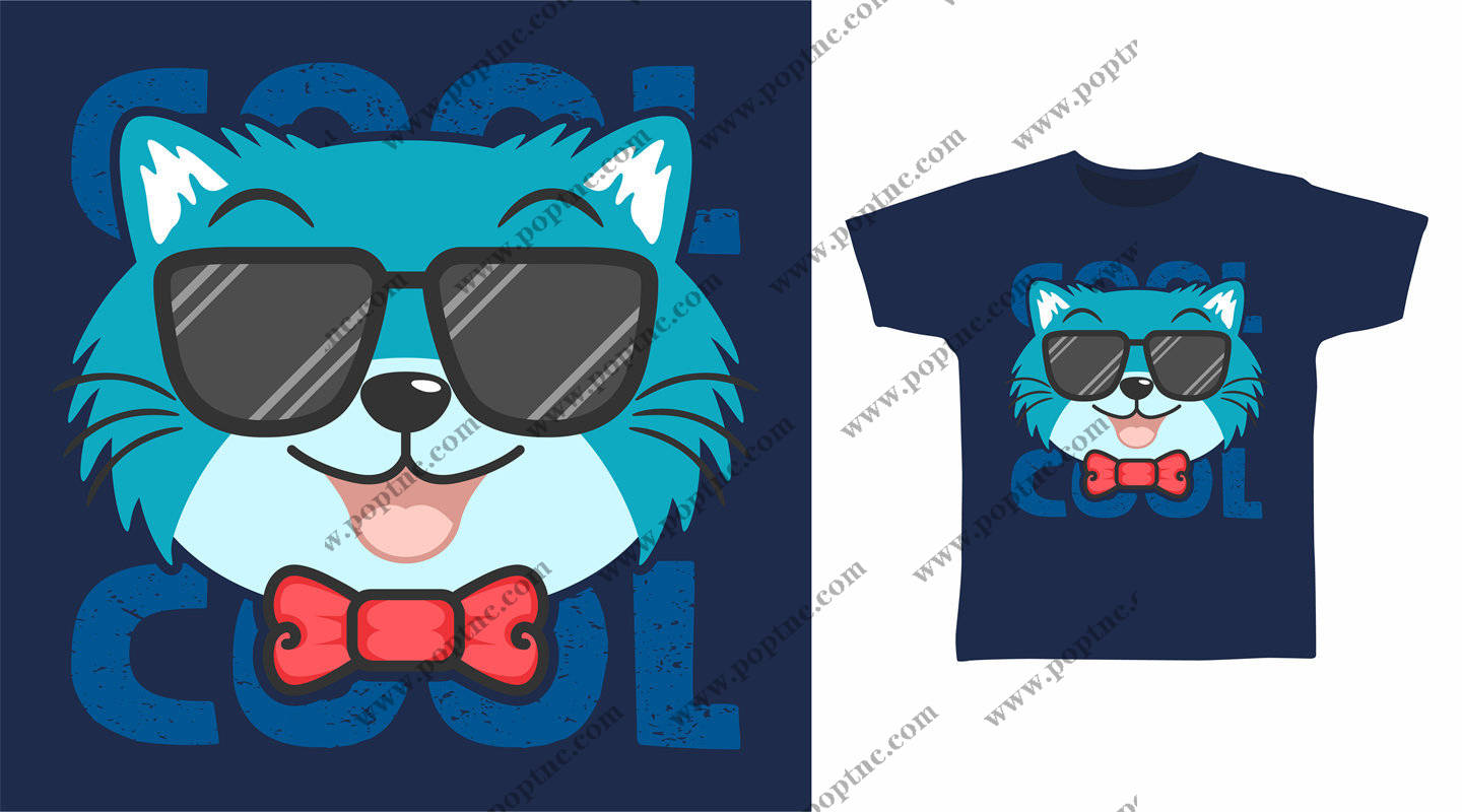 时尚潮流蓝色狐狸裁片印花服装印花T恤设计