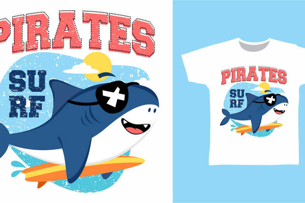 创意海盗鲨鱼冲浪裁片印花服装，夏日必备时尚单品