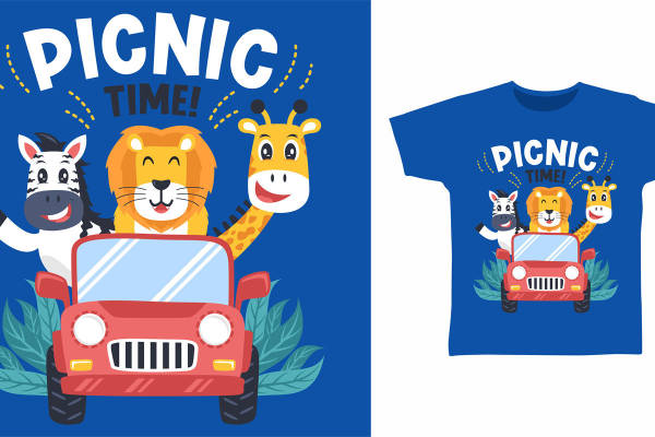 趣味动物裁片印花服装 野餐时光儿童T恤设计