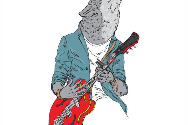 创意动物裁片印花服装：摇滚狼人吉他手时尚设计