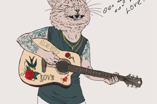 创意音乐主题裁片印花服装：猫咪吉他手的浪漫表达