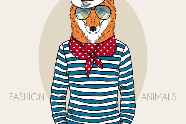 时尚动物裁片印花服装：可爱狐狸条纹T恤设计