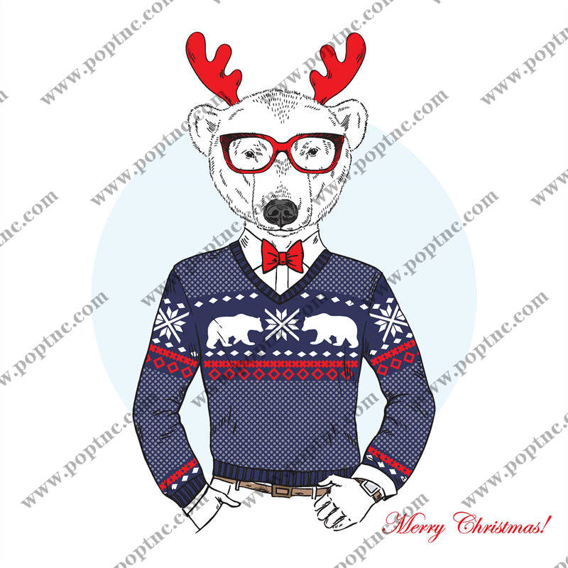 时尚圣诞裁片印花服装:北极熊图案节日毛衣