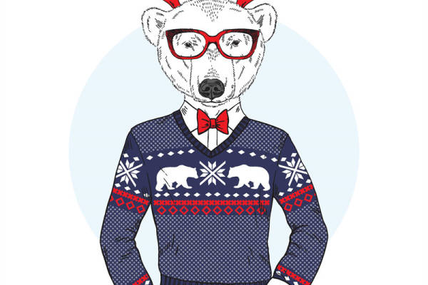 时尚圣诞裁片印花服装:北极熊图案节日毛衣