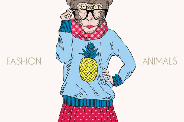 创意动物裁片印花服装：时尚猴子菠萝图案印花