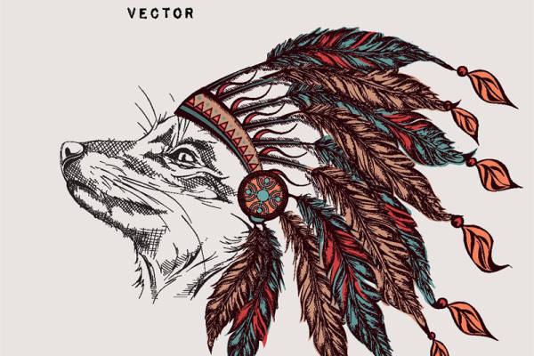 部落风格印第安狐狸头裁片印花服装印花设计