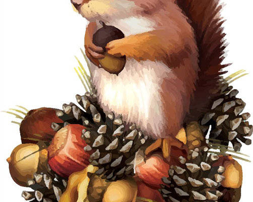 秋季松鼠与松果主题服装裁片印花设计