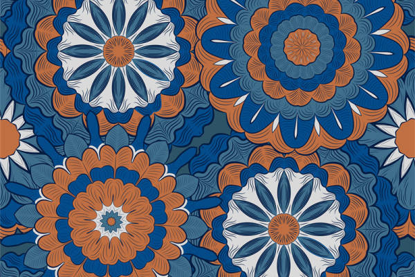 复古风格服装印花:深蓝与橙色花卉图案面料印花