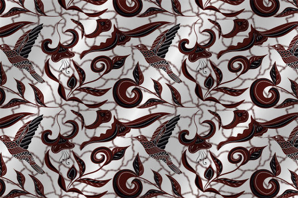经典复古风格服装印花：深红色鸟类与叶子图案面料印花