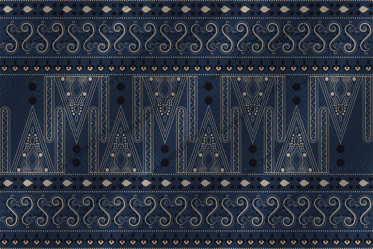 经典复古风格服装印花:深蓝底色上的金色几何图案面料印花