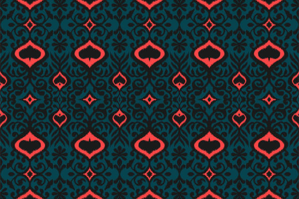 深绿色底红黑花纹面料印花，复古风格服装印花设计