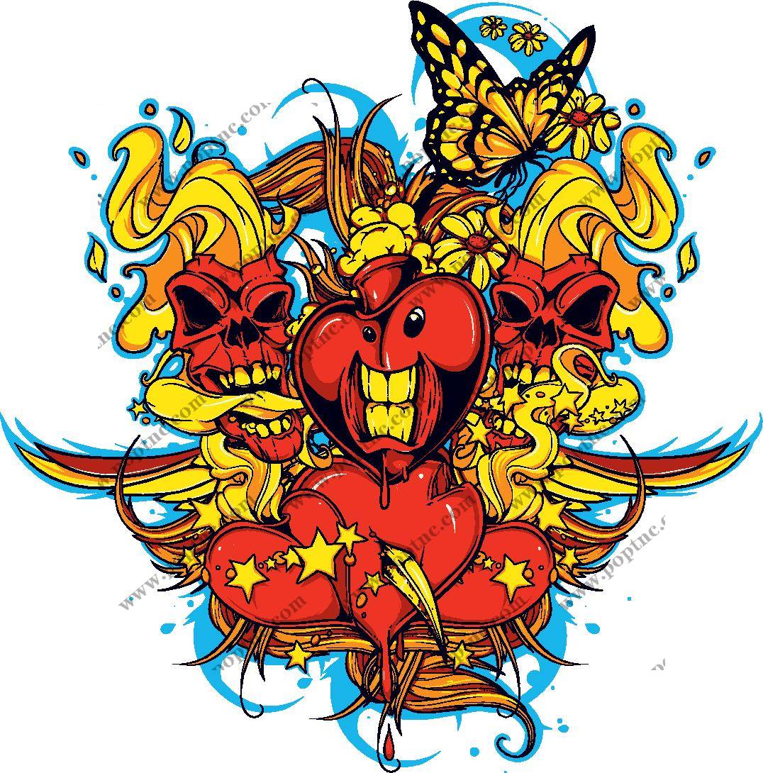 独特裁片印花设计:骷髅与心形图案的服装印花