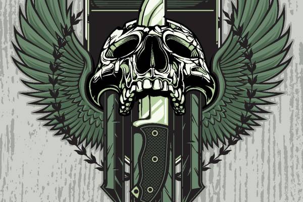 时尚军旅风格裁片印花服装:骷髅与翅膀图案设计