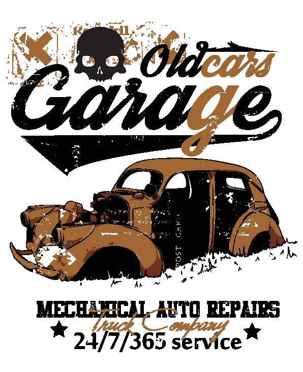 复古汽车主题裁片印花服装：Oldcars Garage机械修理店